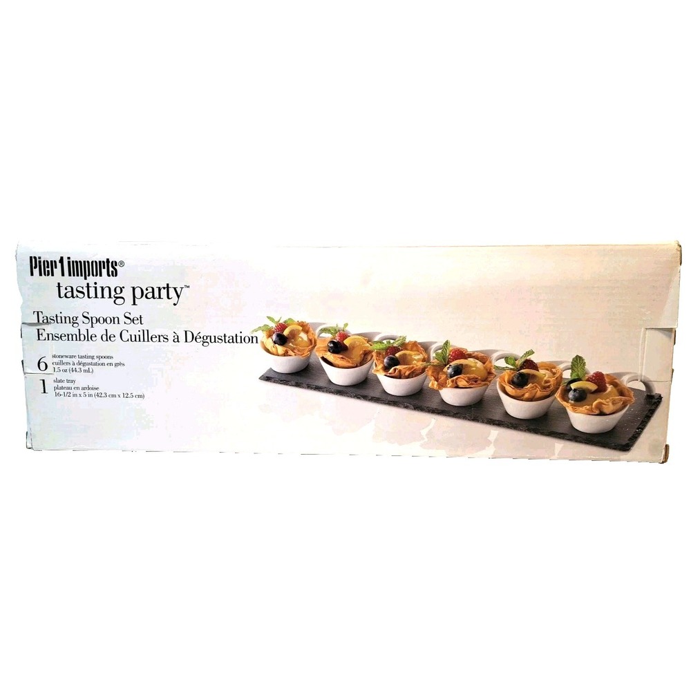 Pier 1 Imports 6 Piece White Tasting Spoon Set and Black Slate Stoneware‎ Gift